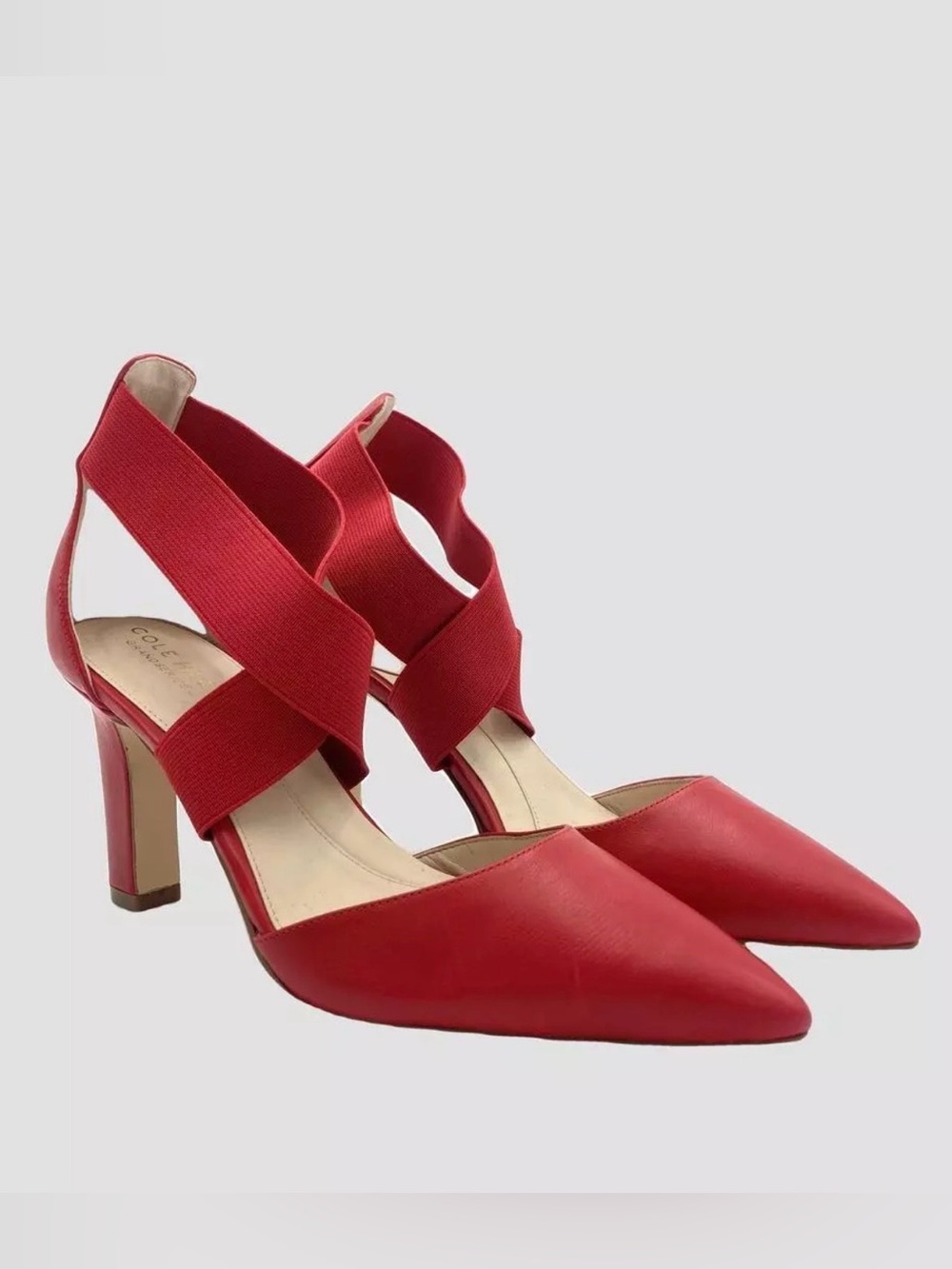Cole Haan Cherry Red Pointed-Toe Elastic Crossover Heels